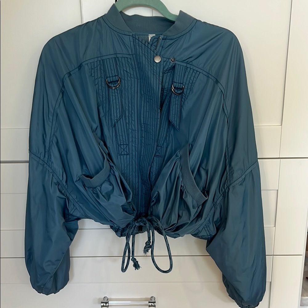 H&M Blue Bomber Jacket with Cinched Waist and Balloon Sleeves